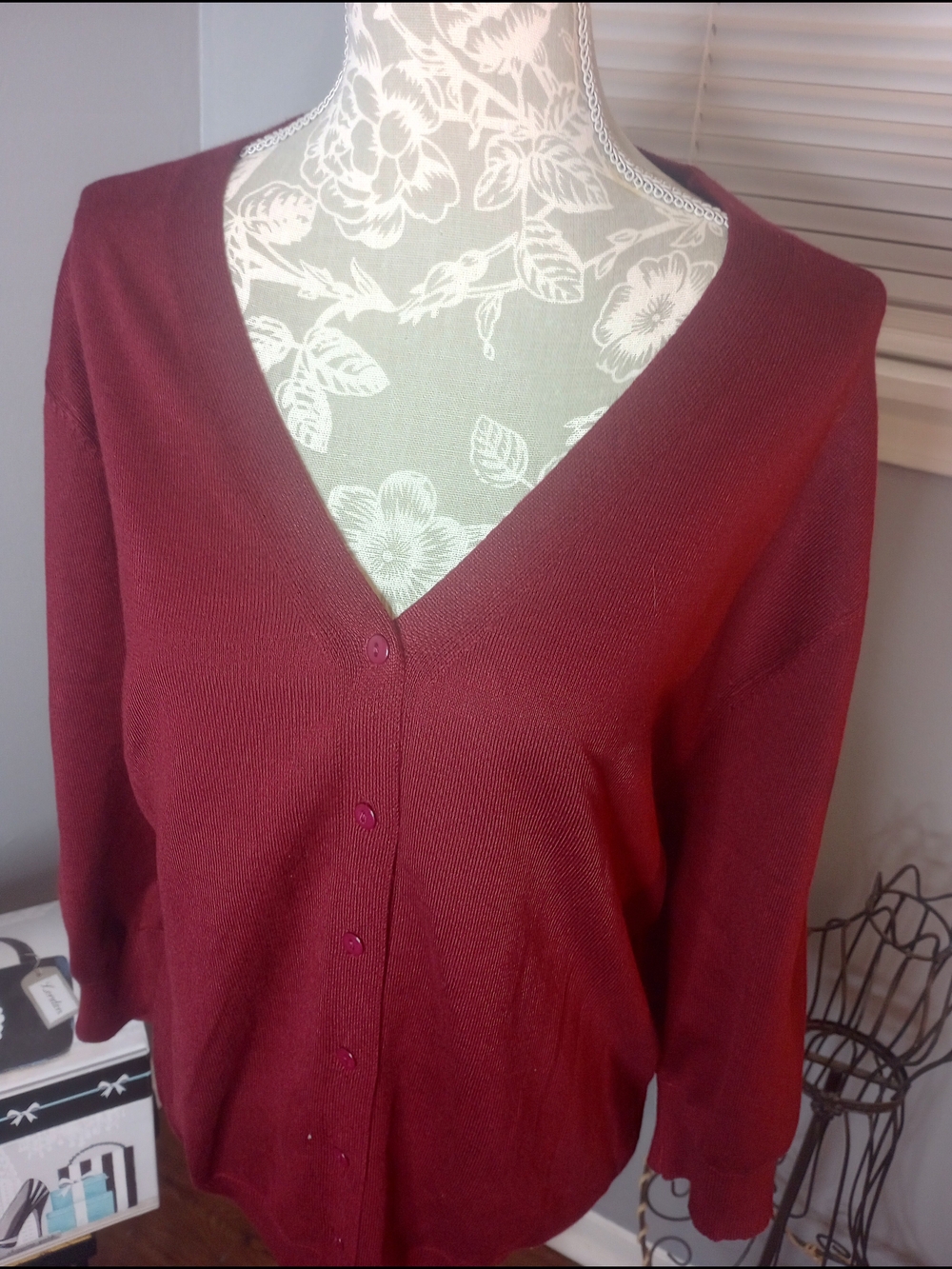 Classic V-Neck Button Cardigan in Burgundy Khol's